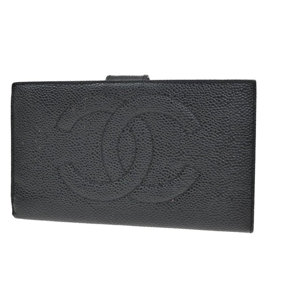 CHANEL CC LOGO Long Bifold Wallet Grained Calfskin Leather Black France - Picture 1 of 14